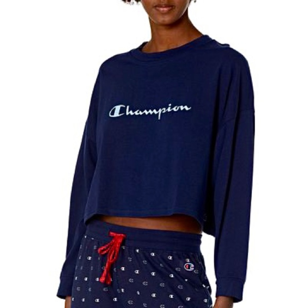 NEW Size XL Champion Blue Sleep Loungewear Cursive Script Oversized Crop Shirt